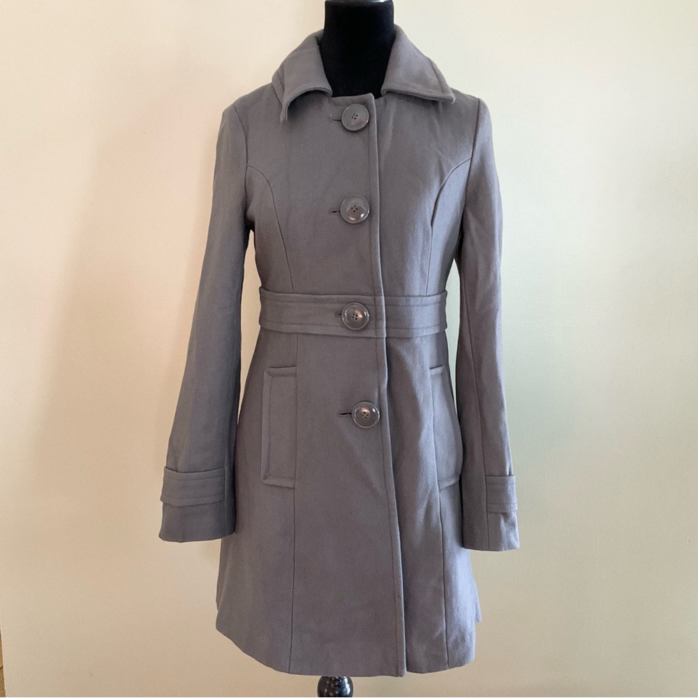 Anthropologie Tulle Gray Button-Up Wool Blend Trench Coat Timeless Classic S